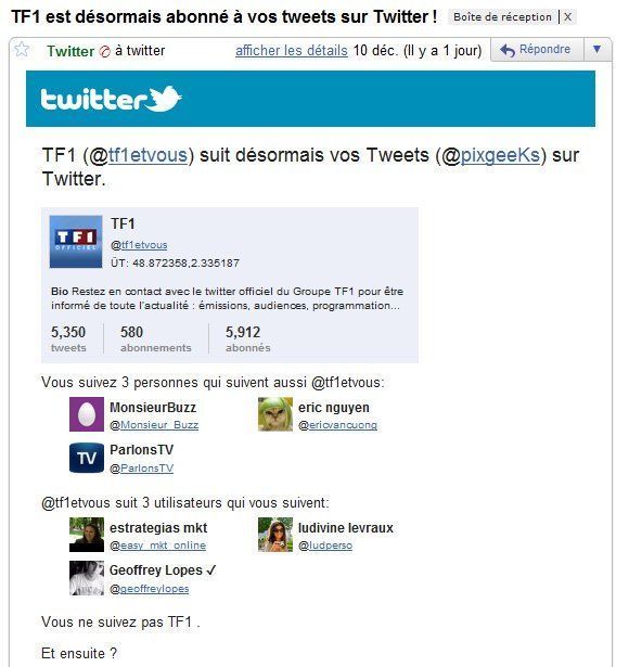 280 spams, 102 pages vues par 1 internaute et TF1 qui me suit sur Twitter : le début de la gloire ? #4